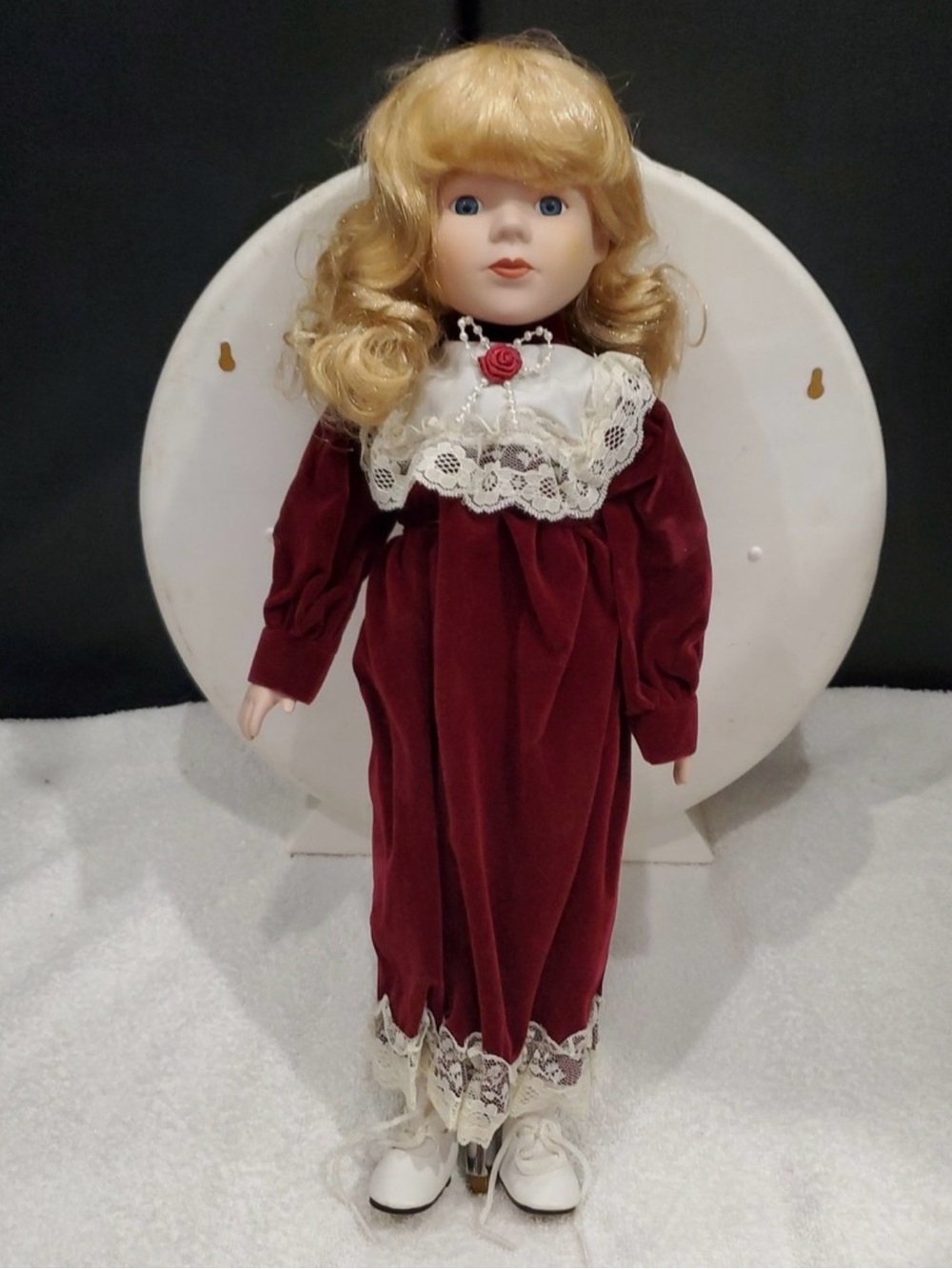 Vintage Classic Porcelain Doll in Burgundy Velvet Dress